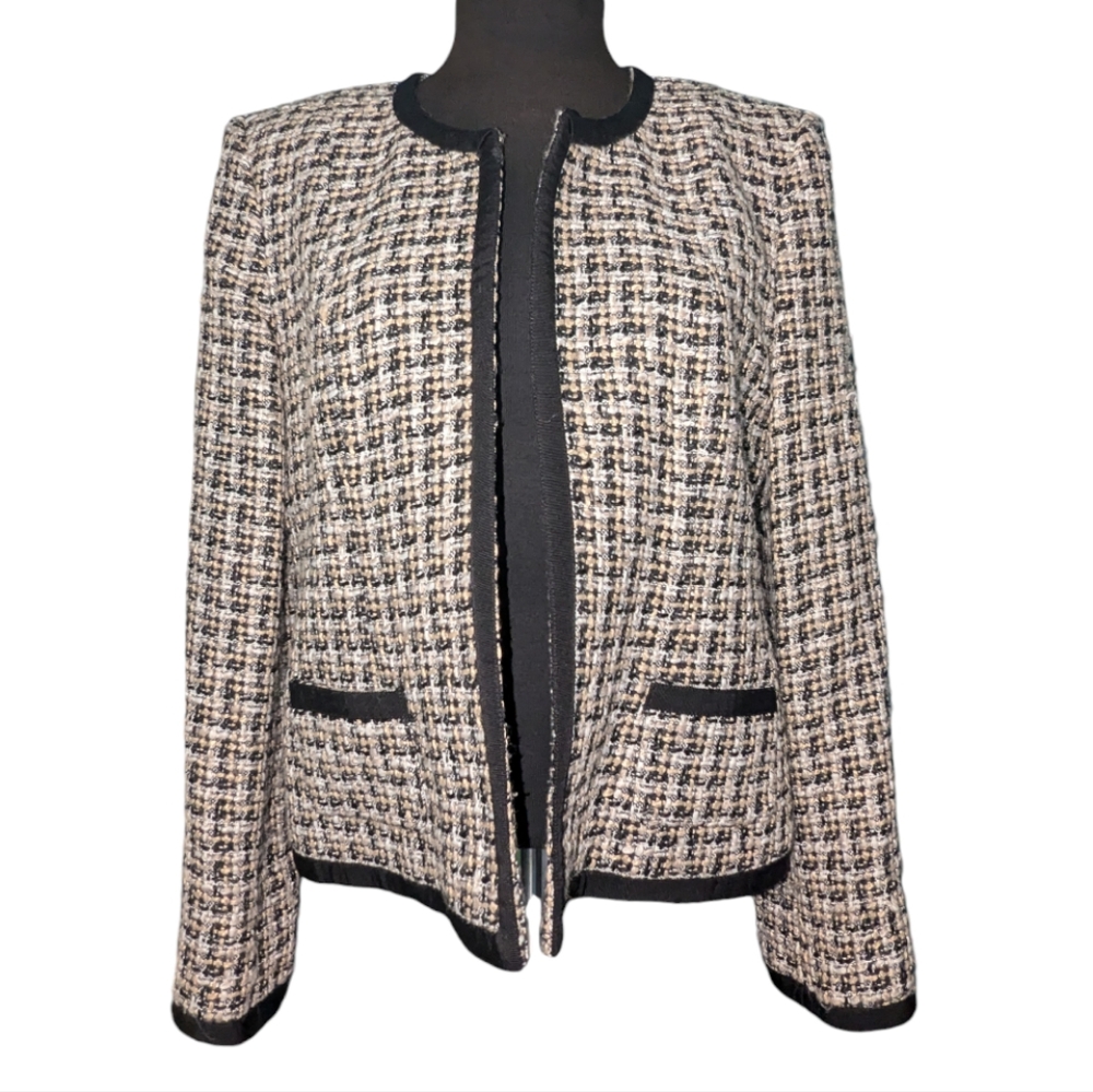 Kate Hill textured tweed jacket, 12P, black, tan, and white